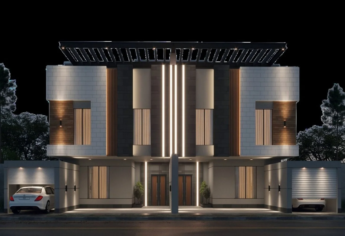 Project 106 – facade at night, Al-Falah Jeddah Project 106 twin residential buildings lit at night in Al-Falah, Jeddah